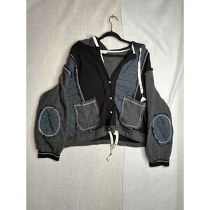 POL Mixed Media Quilted Patchwork Cardigan Hoodie Black Grey Mens Medium